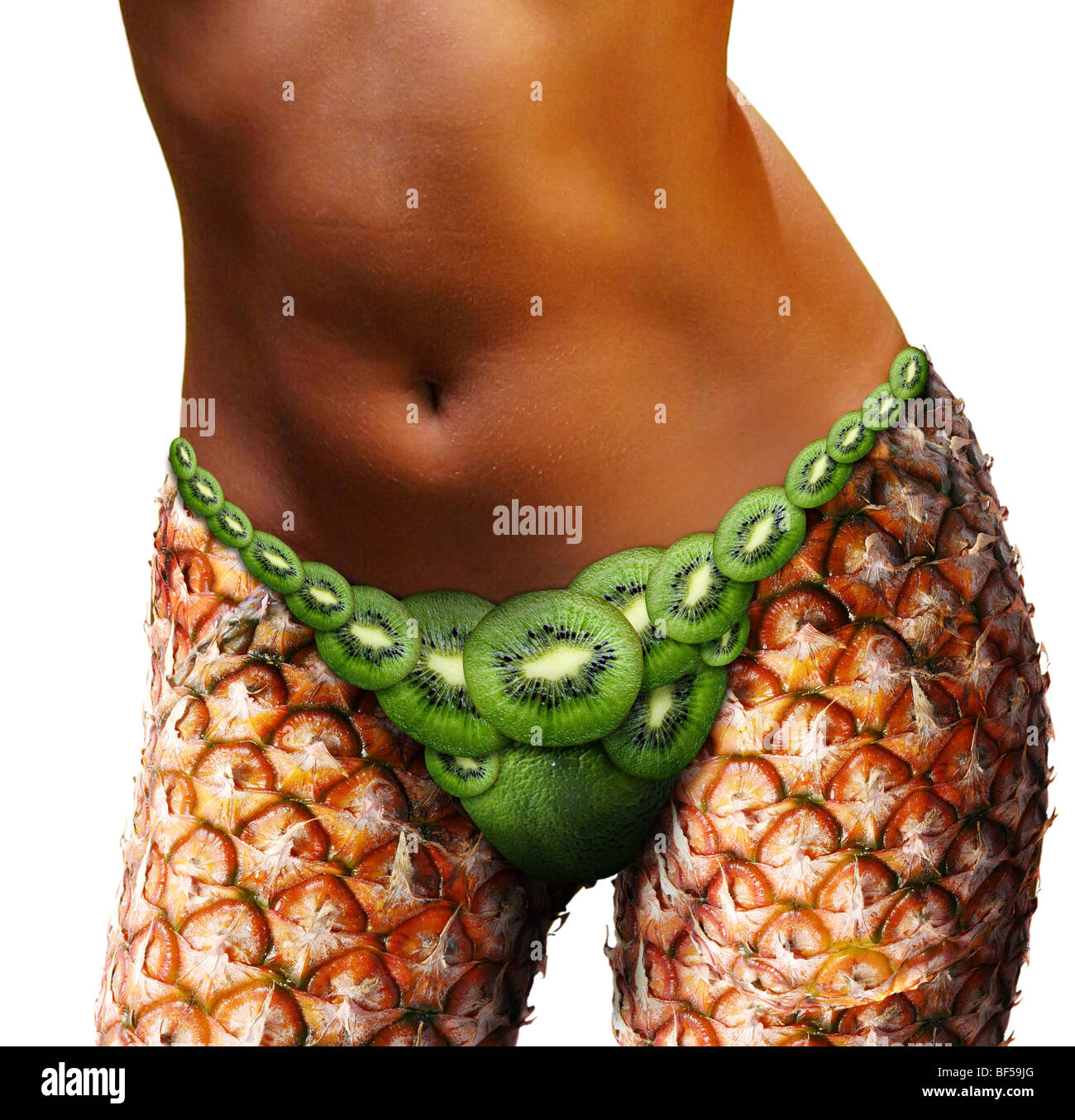 Mädchen Körper aus Obst auf weißem Hintergrund Stockfoto