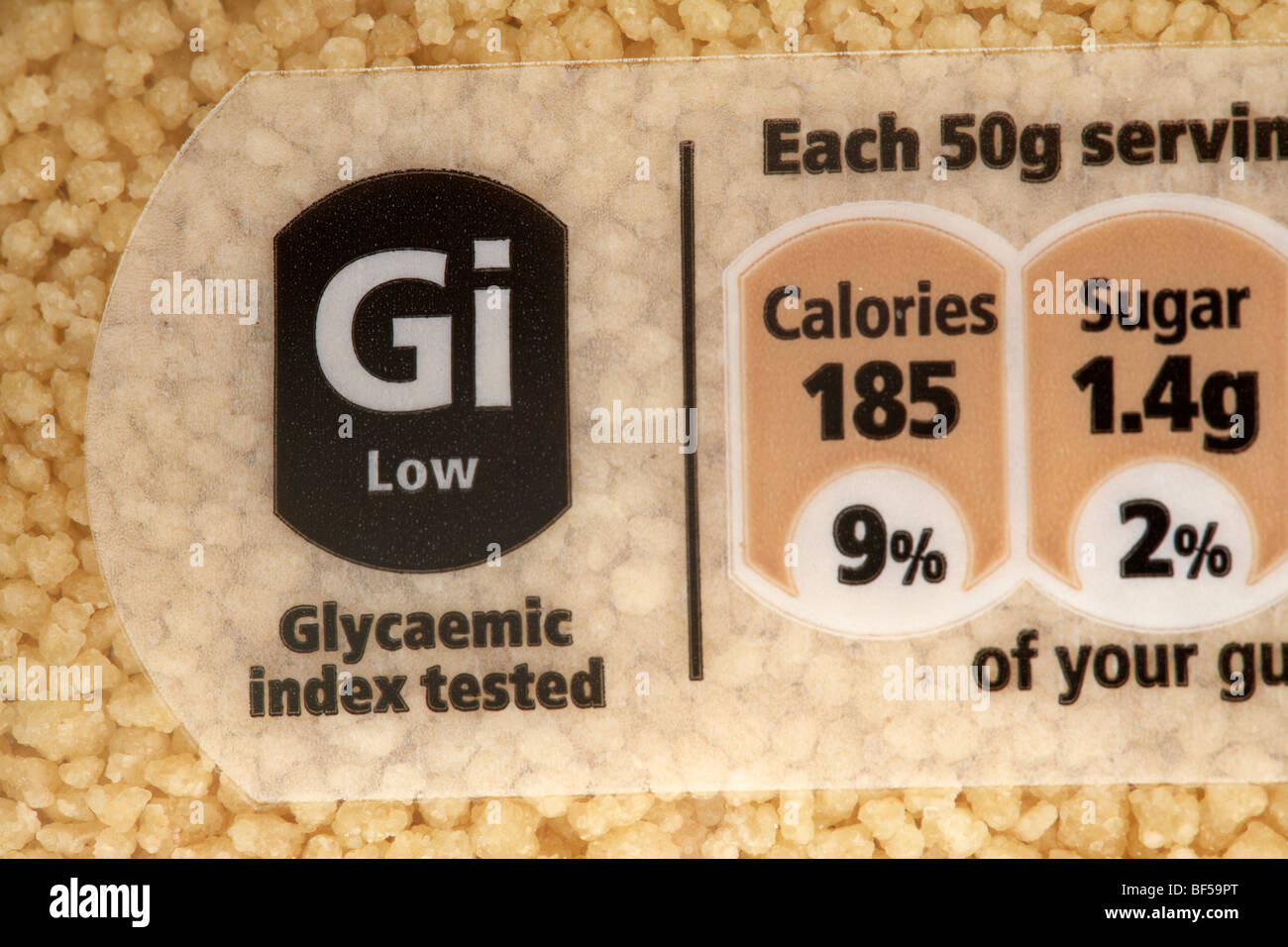 Etikett, Lebensmittel mit niedrigem glykämischen Index auf ein Paket von  Couscous in Großbritannien getestet Stockfotografie - Alamy