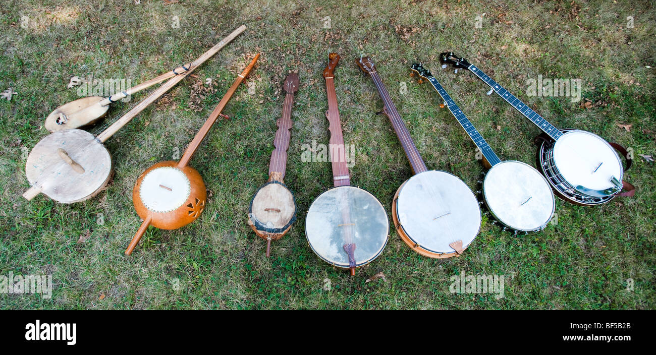 Sammlung von historischen banjos Stockfoto