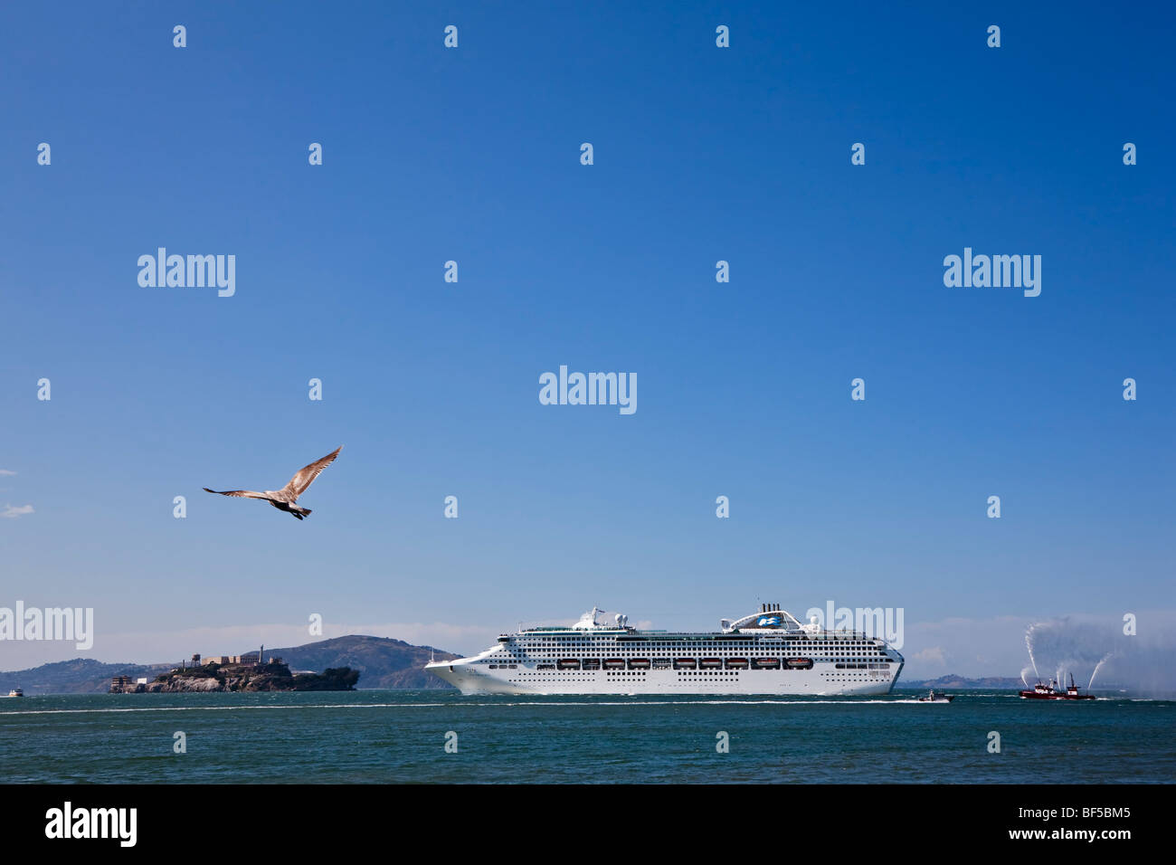 Kreuzfahrtschiff aus Alcatraz, ehemalige Gefängnisinsel, San Francisco, Kalifornien, USA, Amerika Stockfoto