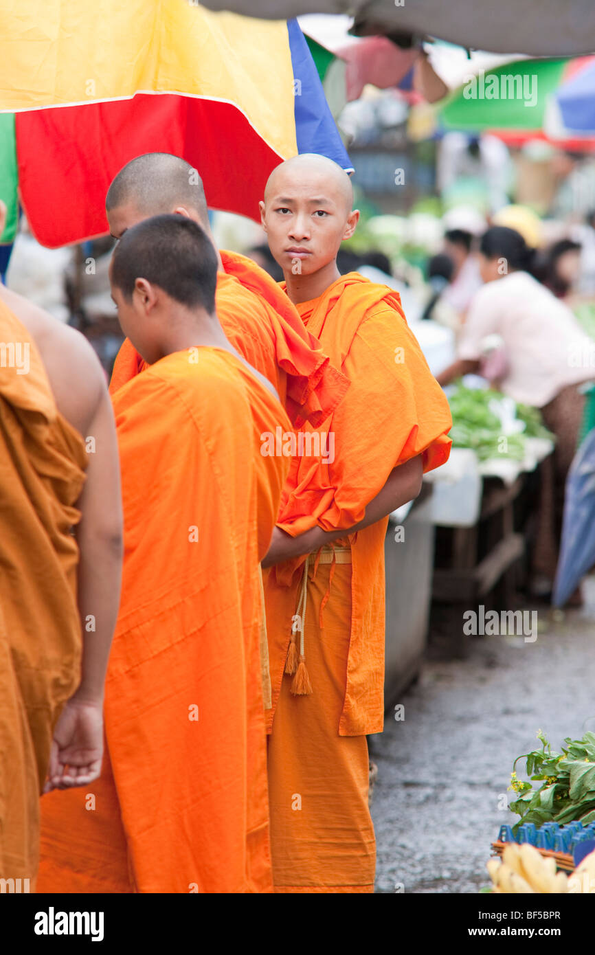 Mönche in einem zentralen Markt, Myanmar Stockfoto