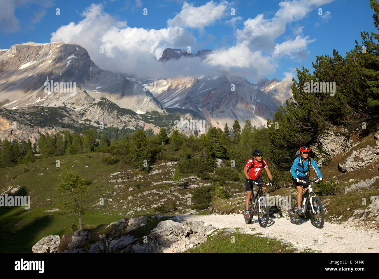 Mountain-Bike-Fahrer östlich der Fodara Vedla-Becken, Parco Naturale Fanes-Sennes-Prags, Veneto, Südtirol, Italien, Europa Stockfoto