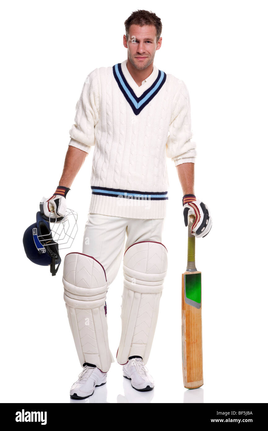 Cricketspieler, Studio gedreht auf weißem Hintergrund. Stockfoto