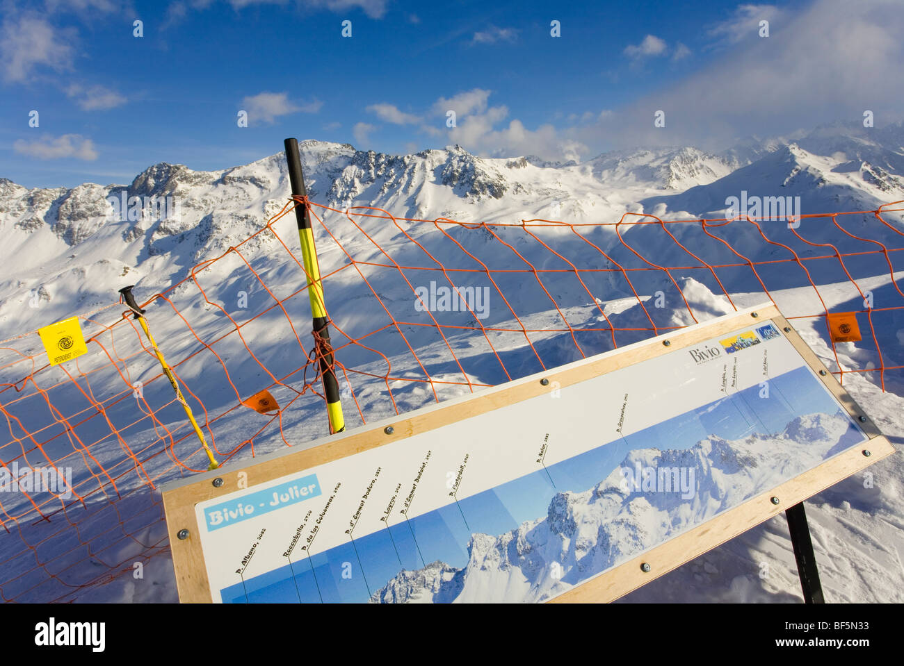 Panorama-Zeichen, Bivio-Julier, Ski Region, Bivio, Graubünden, Schweiz Stockfoto