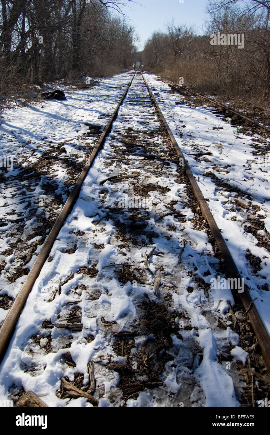 Eine Reihe von Railroad tracks taut am Ende des Winters in Kingston, New York. Stockfoto