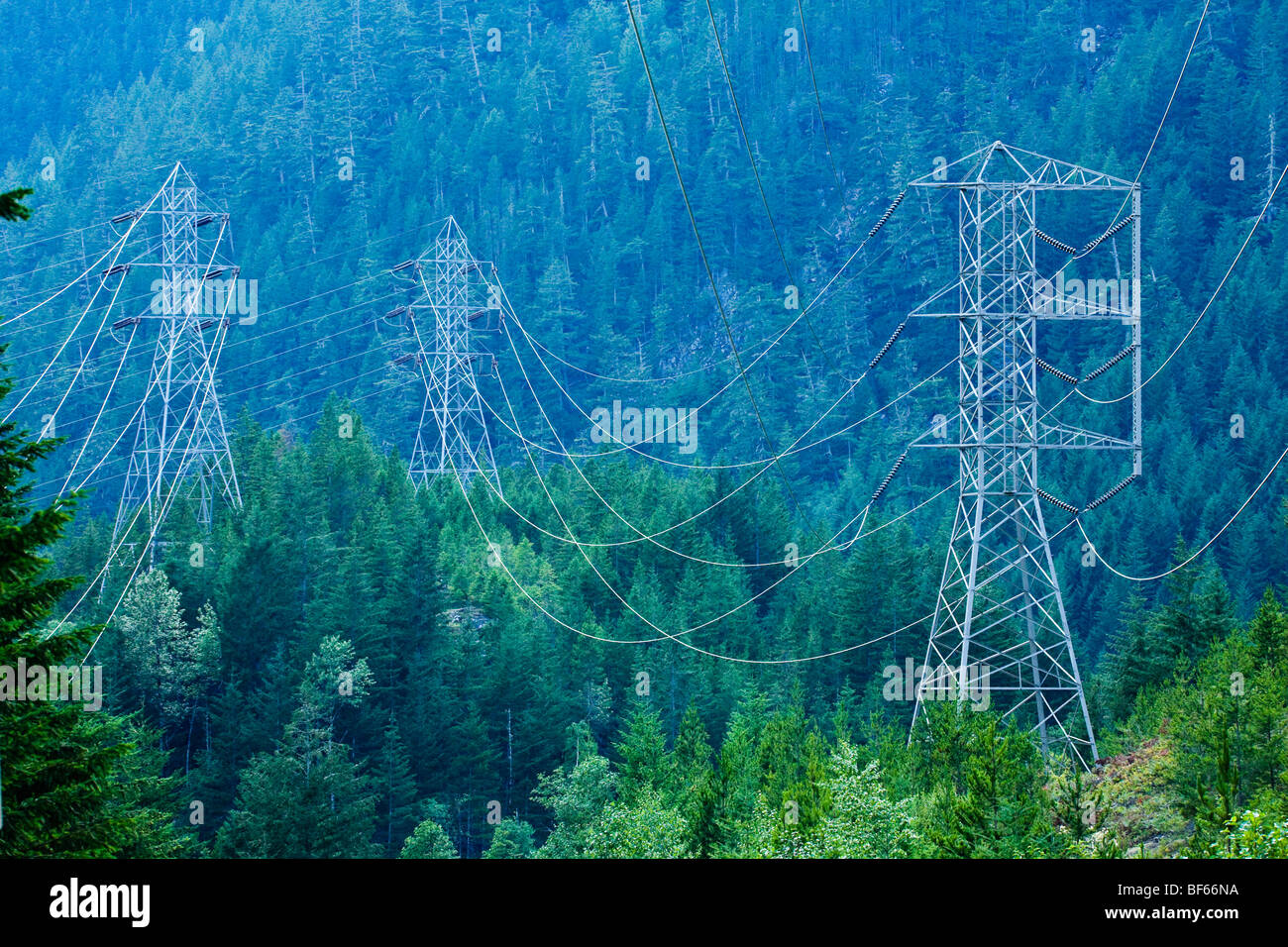 Hochspannung Stromleitungen in den North Cascades Washington, USA. Stockfoto