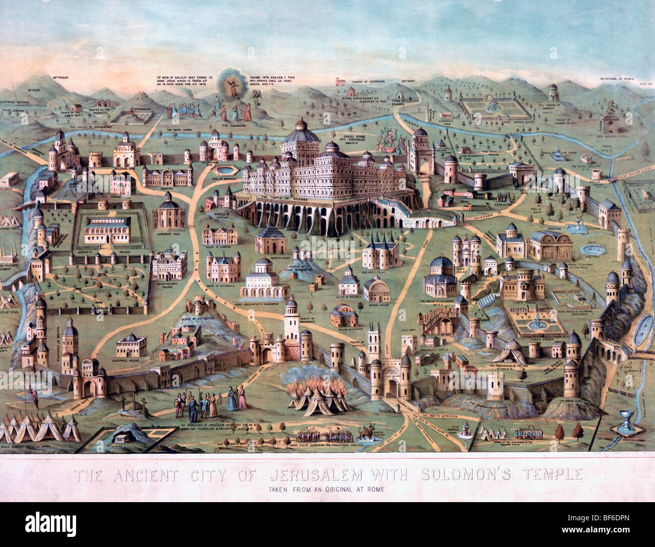 Die alte Stadt von Jerusalem mit Salomons Tempel und Abbildungen der verschiedenen Teile des biblischen Jerusalem Stockfoto