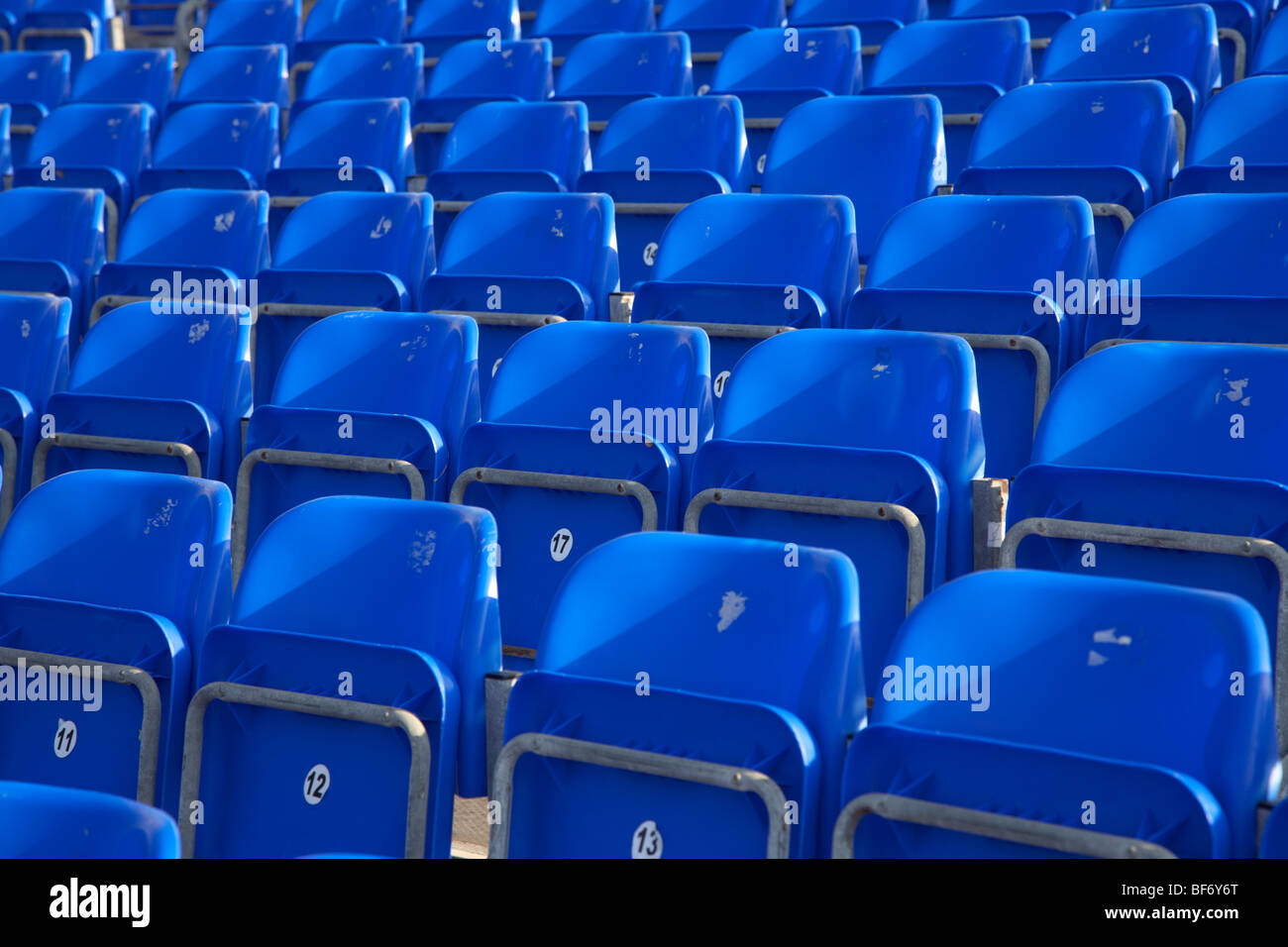 leere blaue Sitzreihen bei einem Outdoor-Stadion Stockfoto