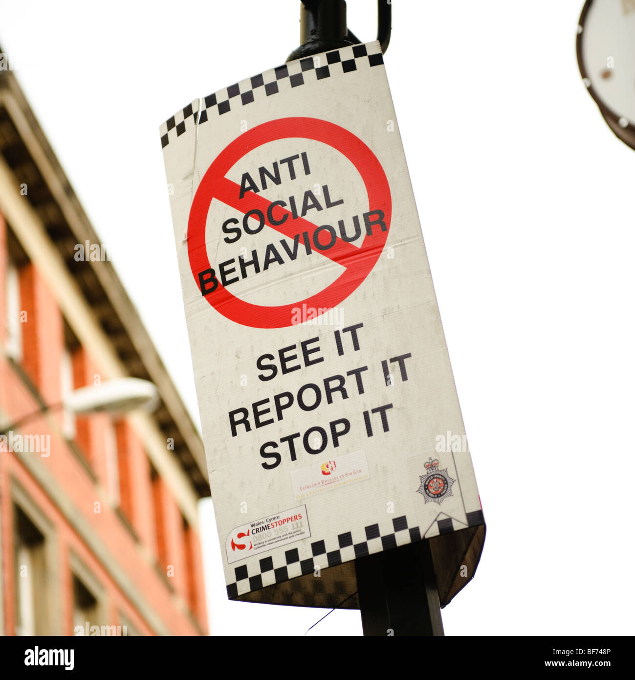 Anti-soziales Verhalten Warnung melden "sehen, melden Sie es, es zu stoppen", am Laternenpfahl Carmarthen Town centre Wales UK Stockfoto