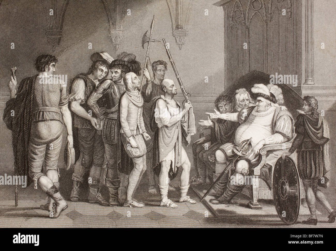 Falstaff mit Gerechtigkeit Untiefen. Eine Szene aus dem Stück König Henry IV, Teil 2, Akt 3, Szene 2 von William Shakespeare. Stockfoto