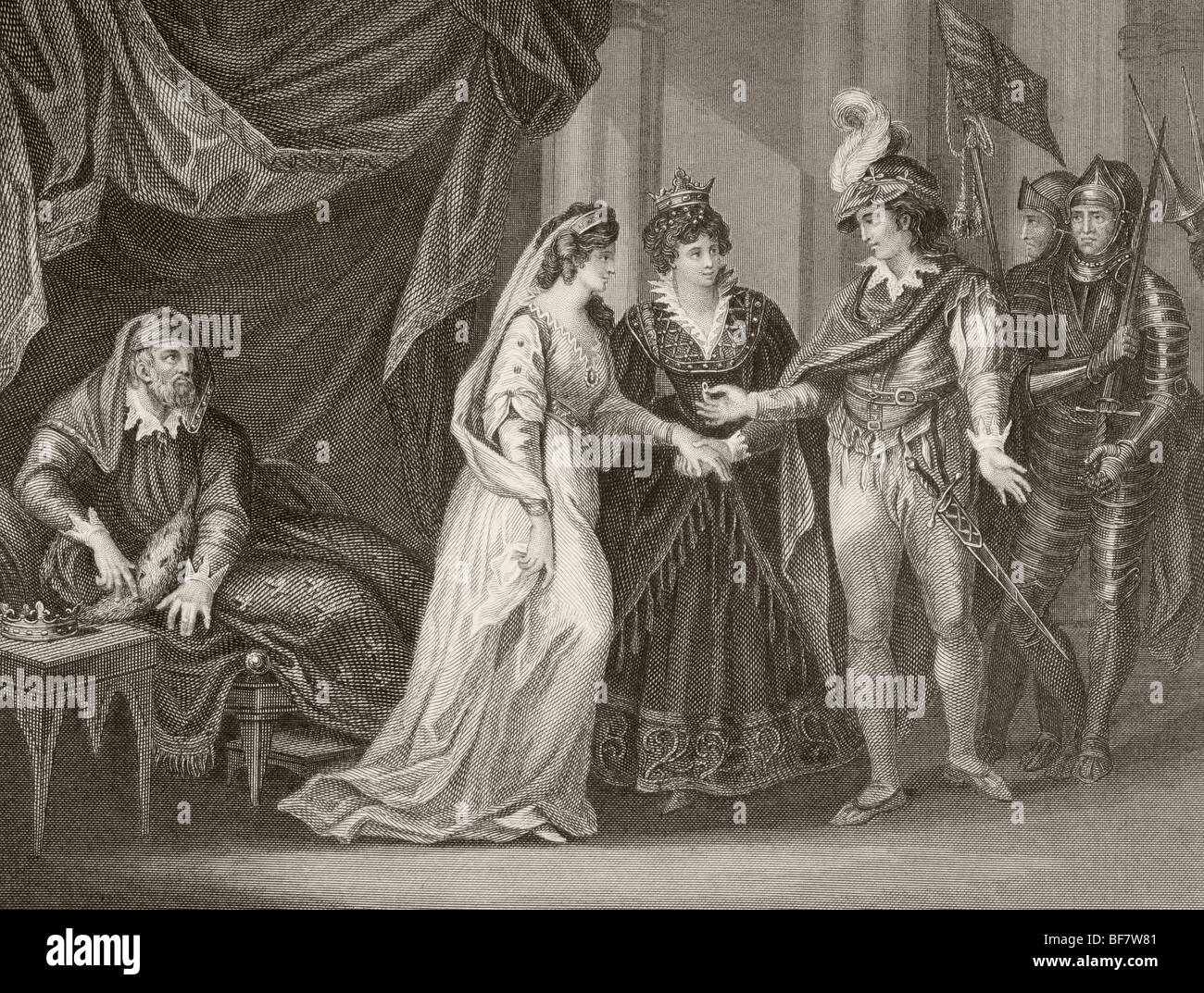 Heinrich v. von England nimmt die Hand von Katharina, Tochter von Charles VI von Frankreich, gesehen auf der linken Seite. Stockfoto