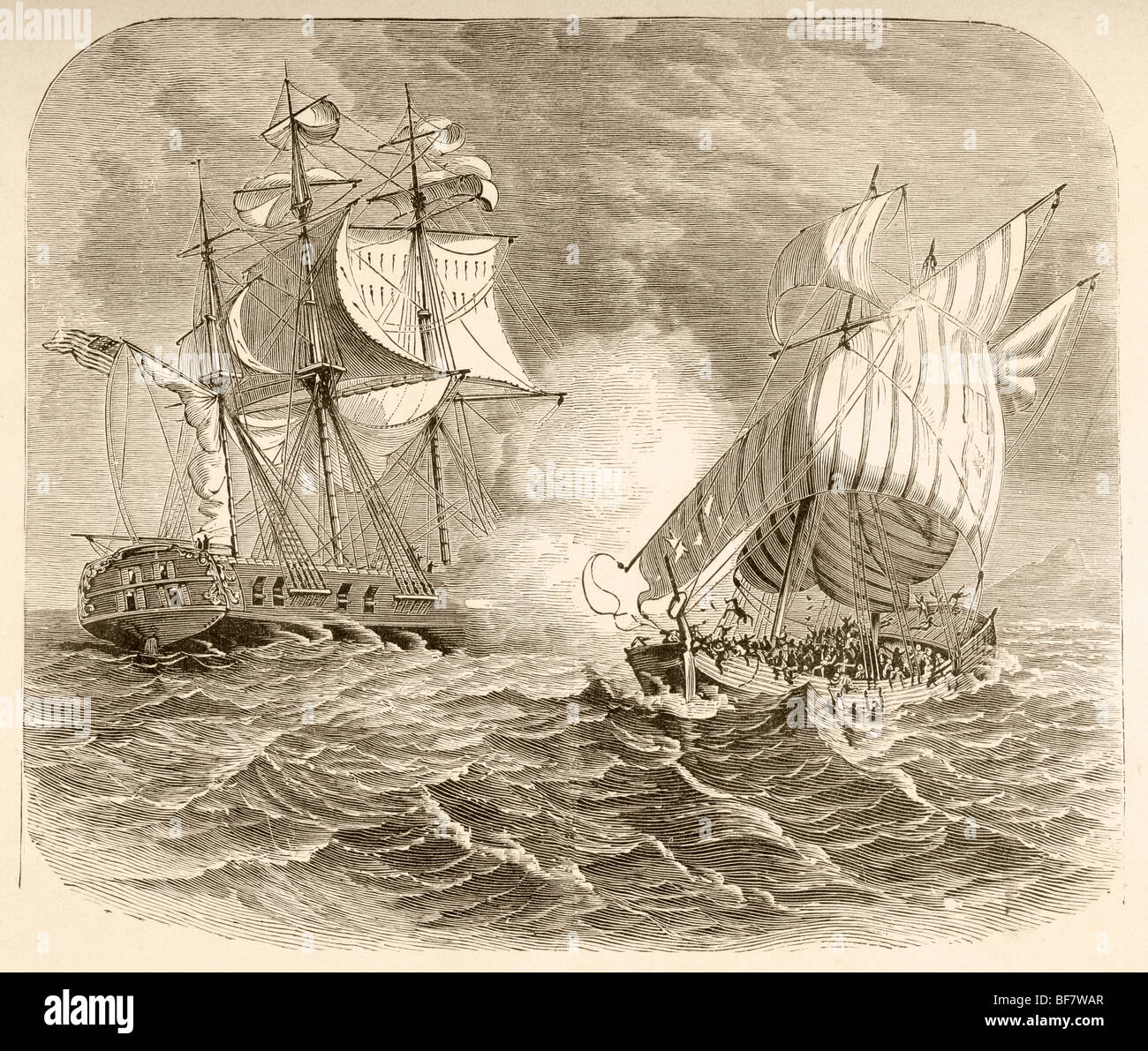 Ein Schiff der amerikanischen Marine fängt eine algerische Piraten-Schiff vor der Barbary Küste während Erster Barbary Krieg 1801 bis 1805. Stockfoto