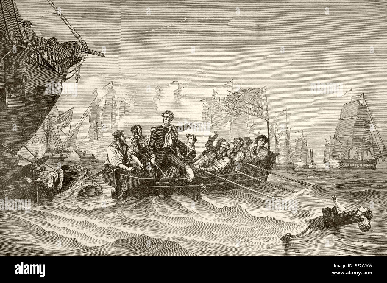 Master Kommandant Oliver Hazard Perry Übertragung von uns Brig Lawrence auf uns Brig Niagara während Schlacht von See Erie, 1813. Stockfoto