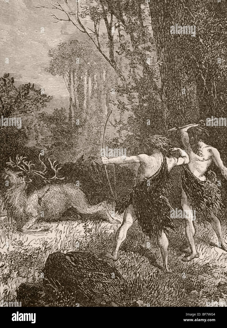 Die Urmenschen, die Jagd mit Pfeil und Bogen und Speer Stockfoto