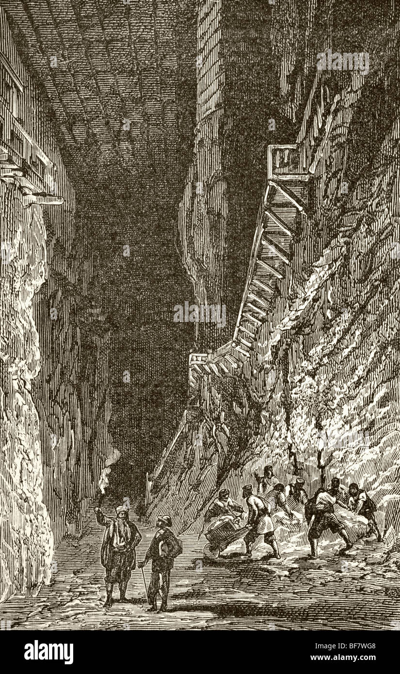 Ein europäisches Salzbergwerk im neunzehnten Jahrhundert. Stockfoto