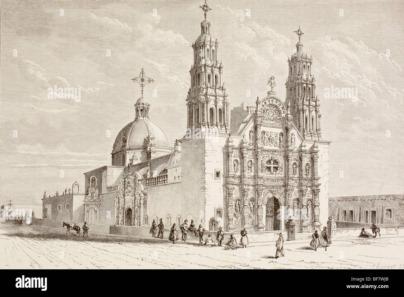 Kathedrale in Plaza de Armas, Chihuahua, Mexiko, im 19. Jahrhundert. Stockfoto
