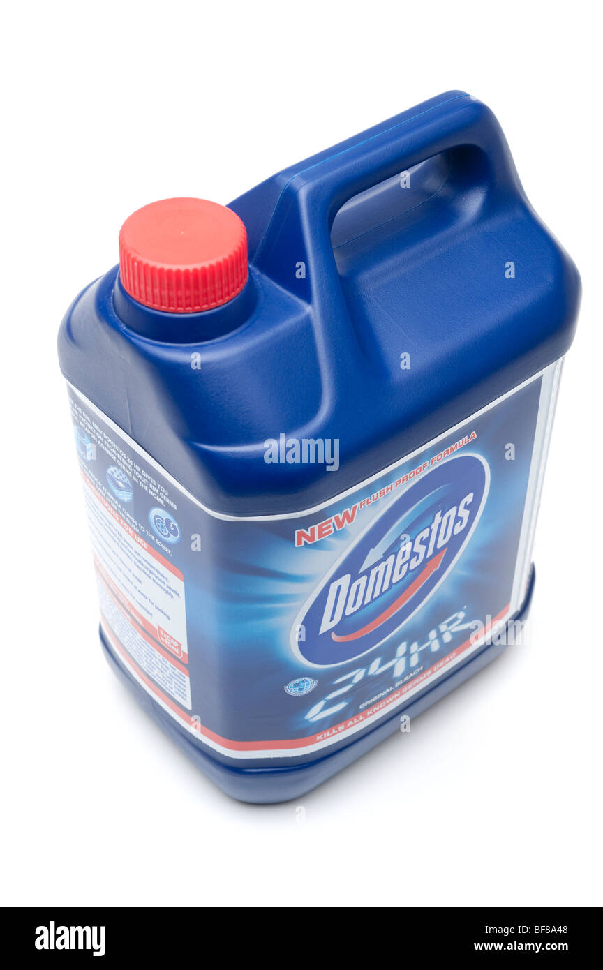 Kunststoff-fünf-Liter-Behälter Domestos Bleichmittel Stockfoto