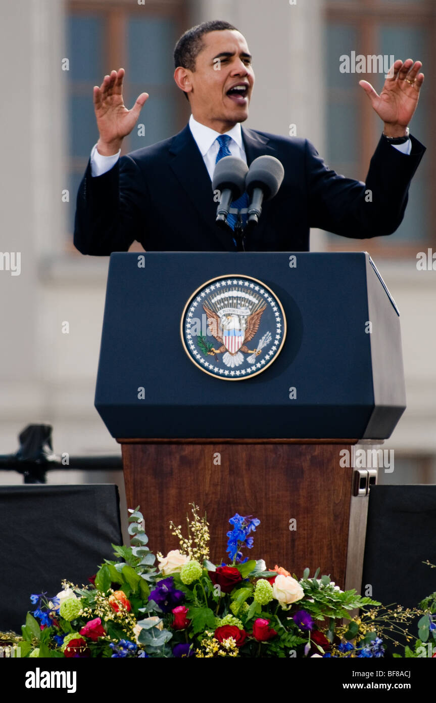 Der US-Präsident Barack Obama die Rede auf der Prager Burg in Prag, 4. April 2009. Stockfoto