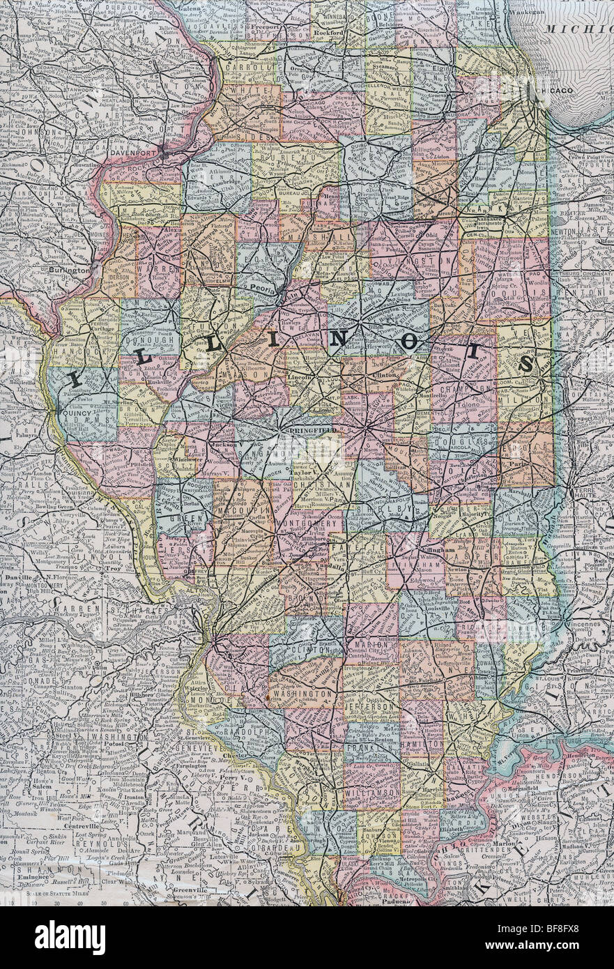 Original alte Karte von Illinois aus 1884 Geographie Lehrbuch Stockfoto