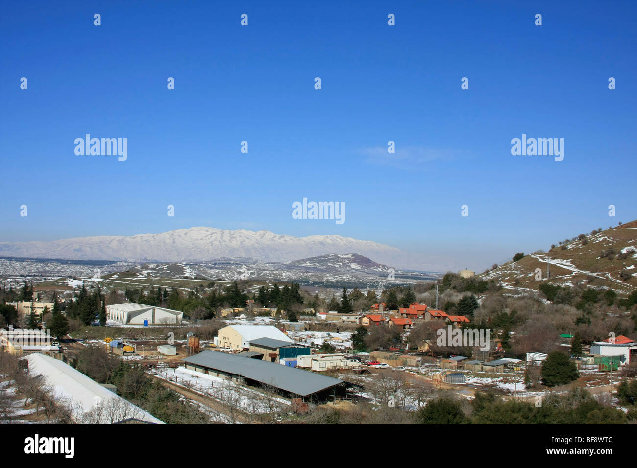 Golan-Höhen, Kibbutz Marom Golan am Fuße des Mount Bental Stockfoto