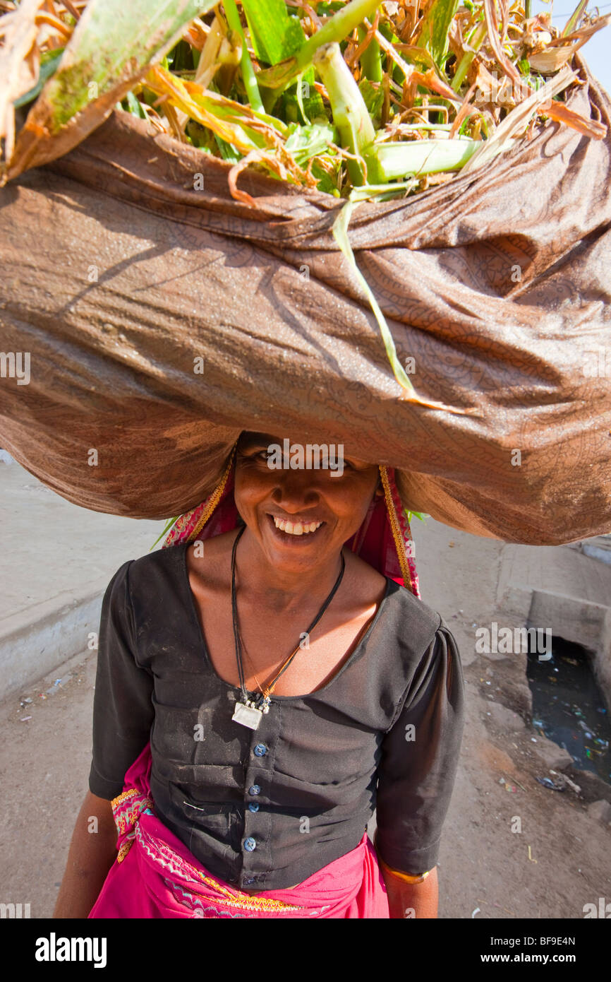 Rajput-Frau, die die Produkte auf ihrem Kopf in Pushkar in Rajasthan Indien Stockfoto