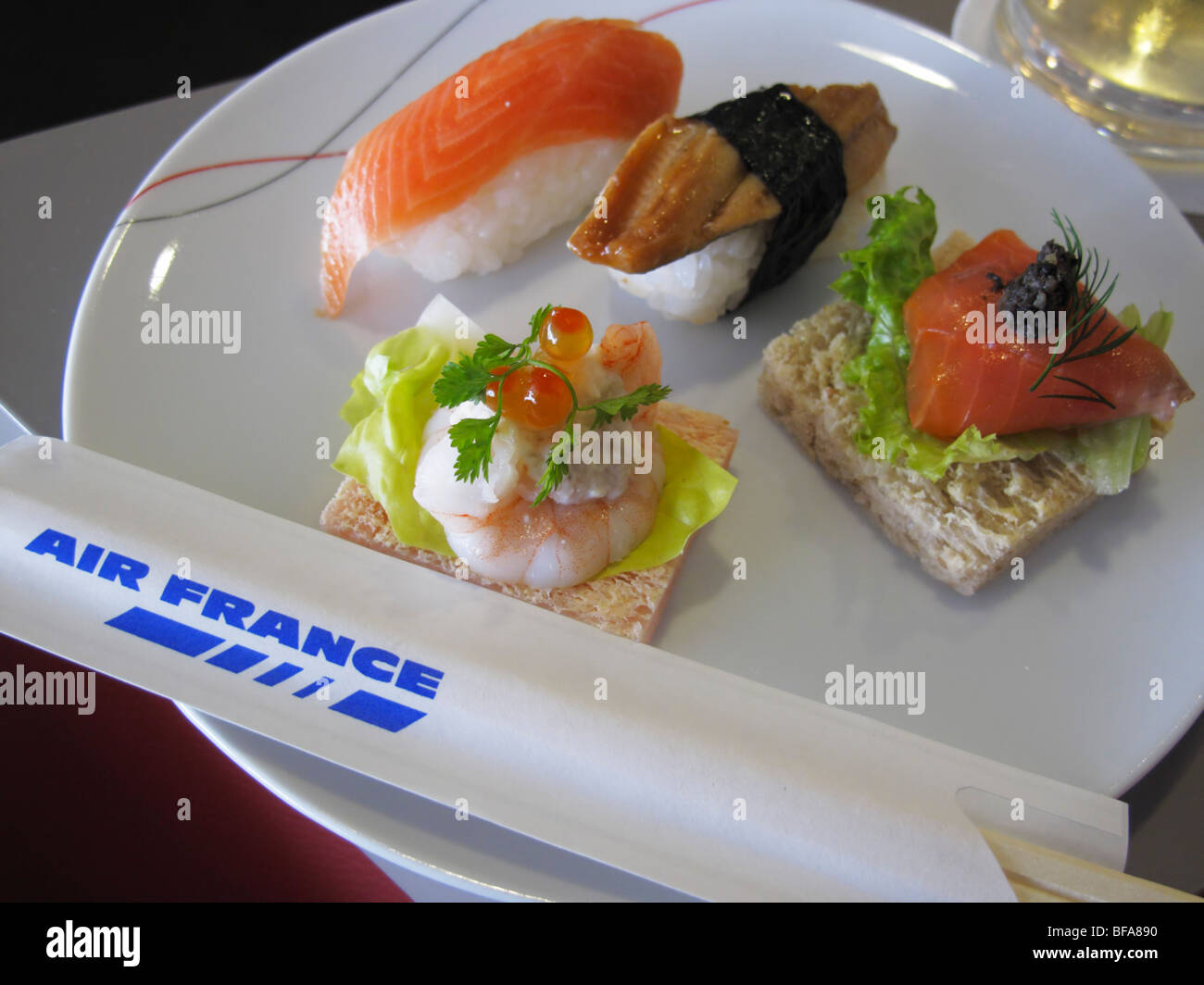 Sushi serviert in Air France First Class (La Premiere) Premium-Kabine (Inflight), Japan JP Stockfoto