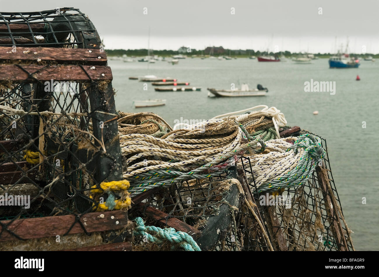 Hummer fallen und Seile auf ein Dock, Chatham, Cape Cod, Massachusetts Stockfoto