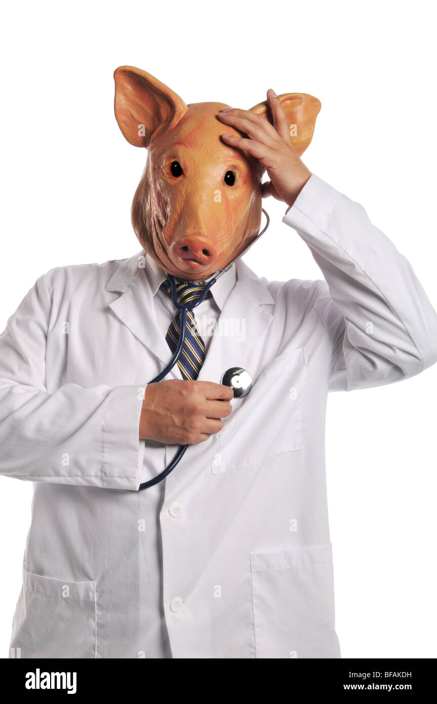 Schweinegrippe-Metapher zeigt die Macht des Virus isoliert auf weiss Stockfoto