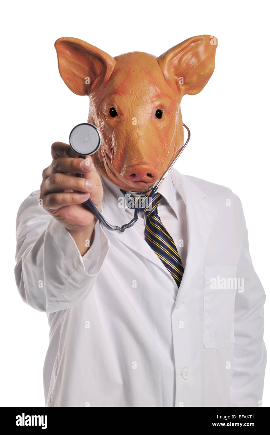 Schweinegrippe-Metapher zeigt die Macht des Virus isoliert auf weiss Stockfoto