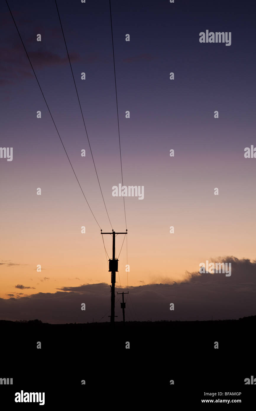 Telefon-Oberleitungen in der Abenddämmerung in bunten Himmel Stockfoto