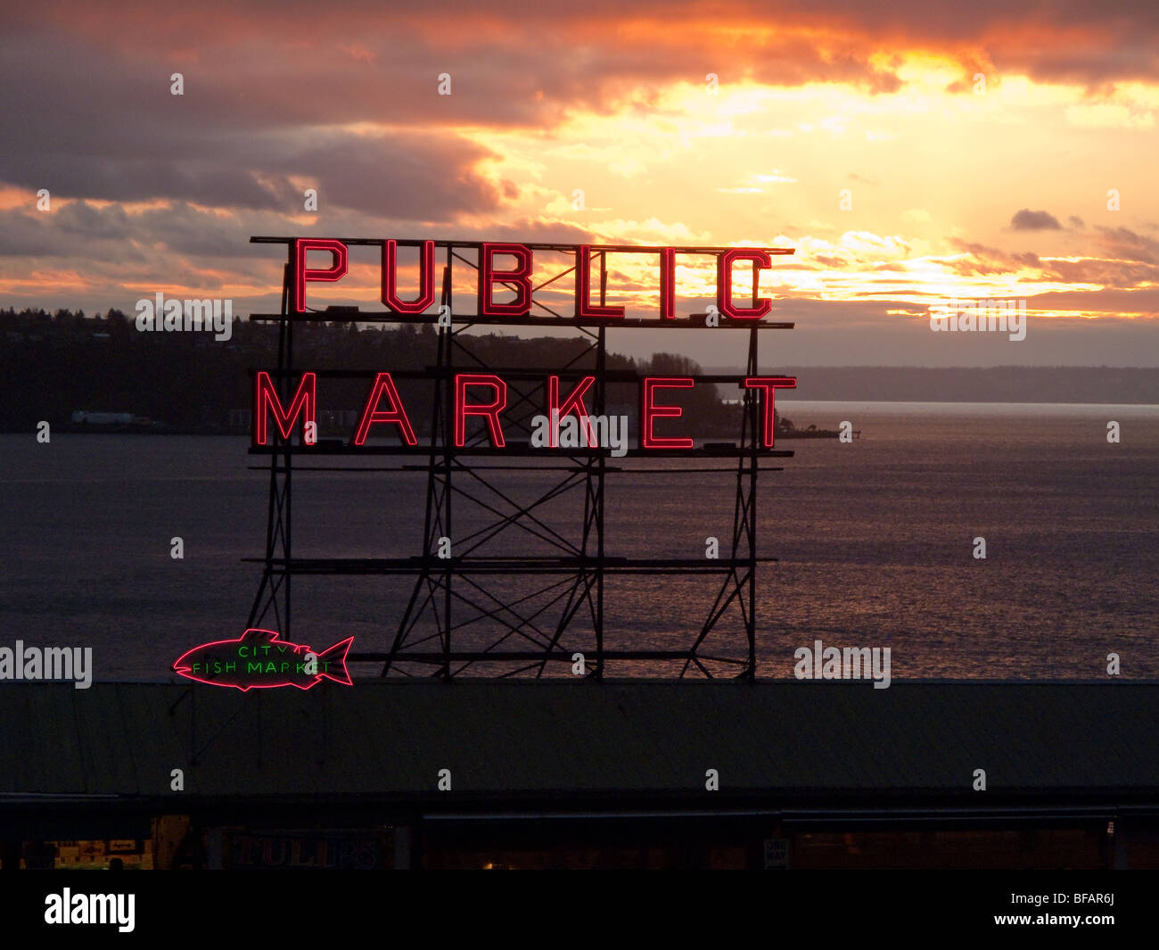 Sonnenuntergang, Pike Place Market, Seattle, Washington Stockfoto
