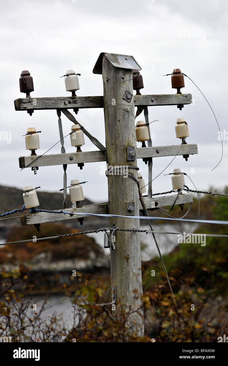 Oben auf ein Fernschreiber post, Highlands von Schottland, Schottland, UK. Stockfoto