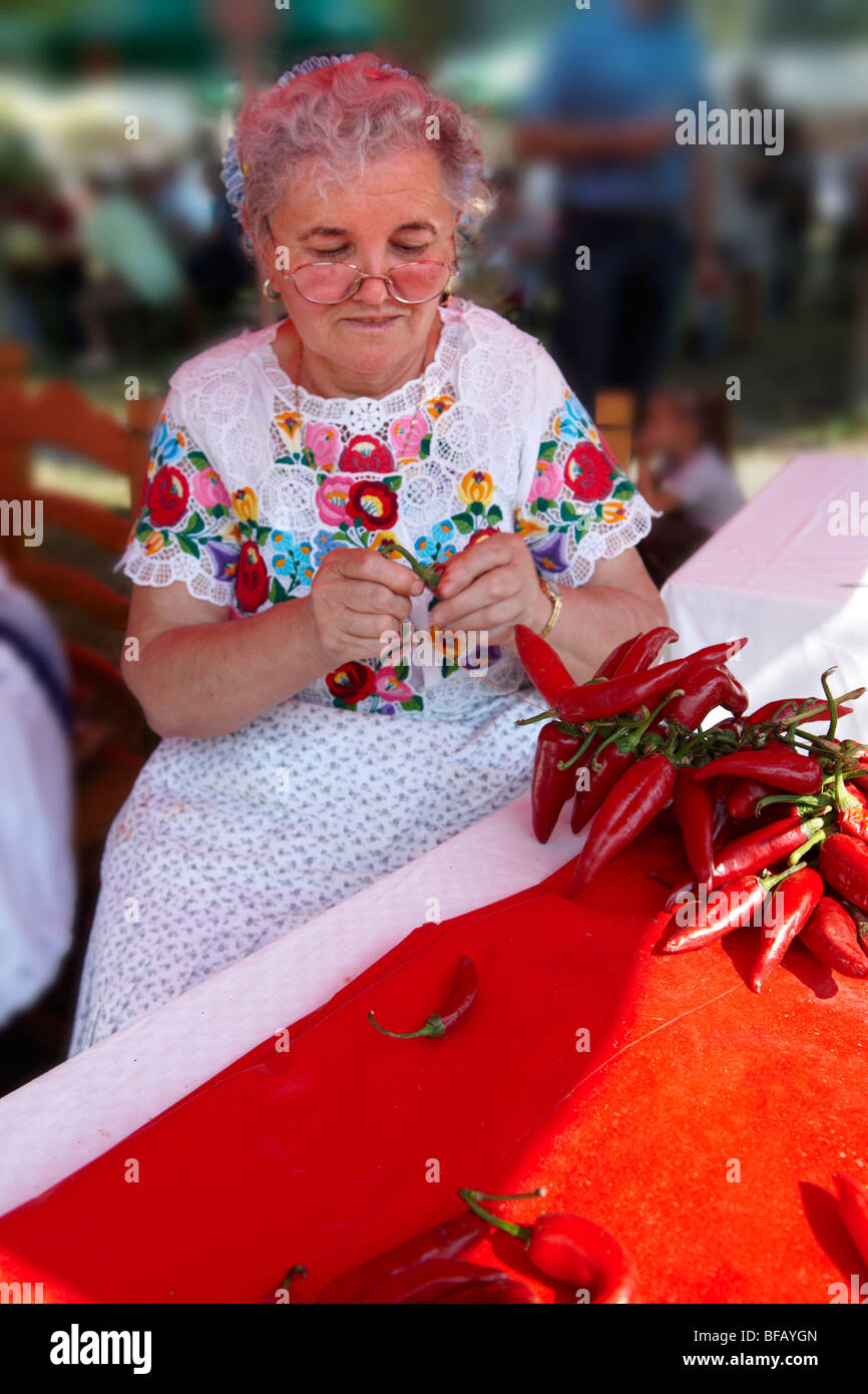 Alte Frauen in traditionellen Kalocsa Kleid auf dem Paprka Festival Strings von Chilis machen. Kalocsa, Ungarn Stockfoto