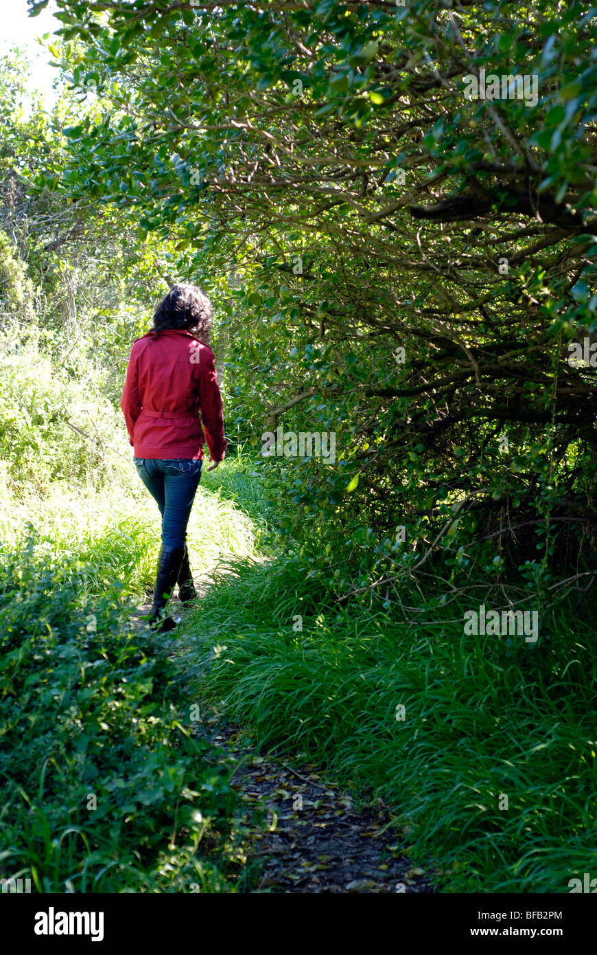 Junge Frau allein zu Fuß auf einem ländlichen Wanderweg. Stockfoto