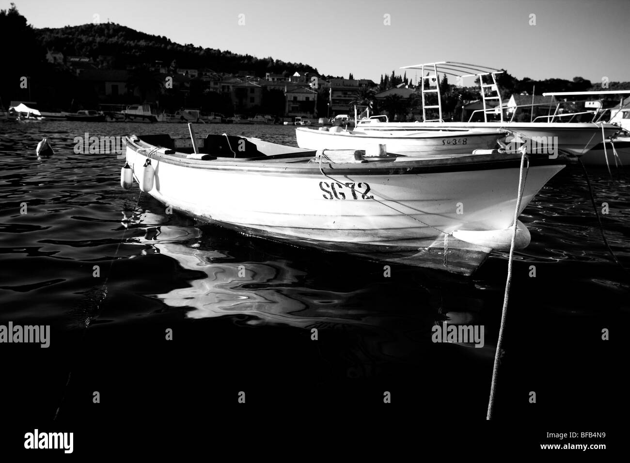 Ruderboot, gefesselt, Stari Grad, Insel Hvar, Kroatien Stockfoto