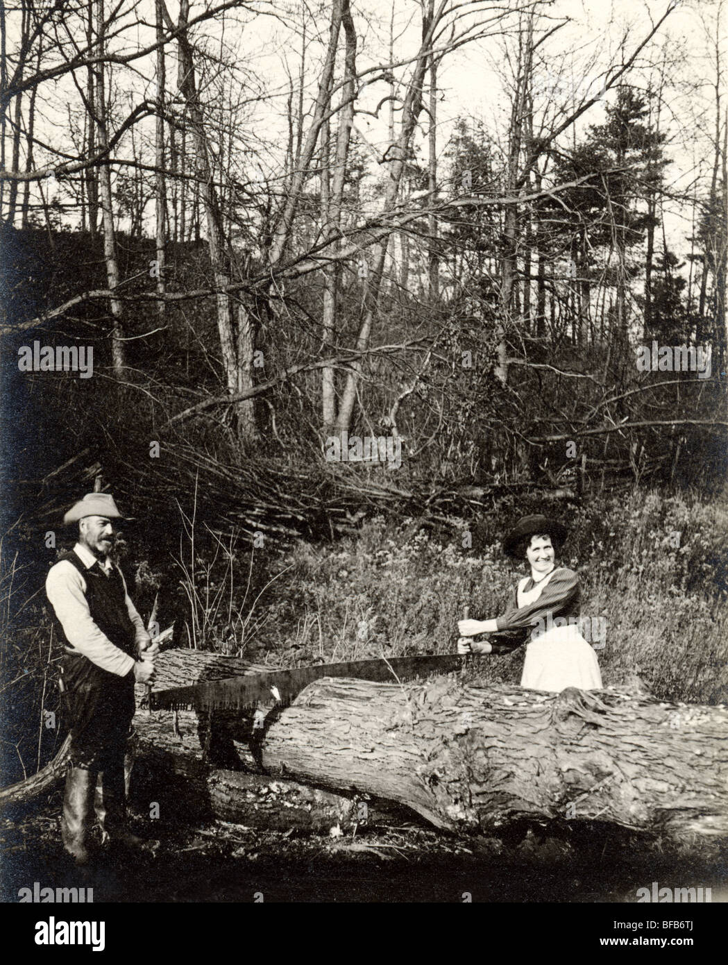 Paar riesige Log mit zweihändige Säge sägen Stockfoto