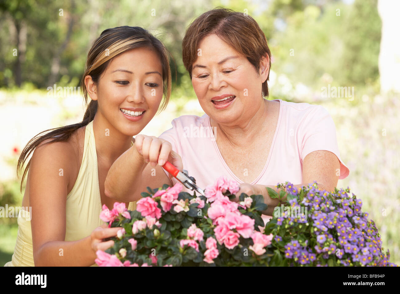Mutter mit erwachsenen Tochter zusammen im Garten Stockfoto