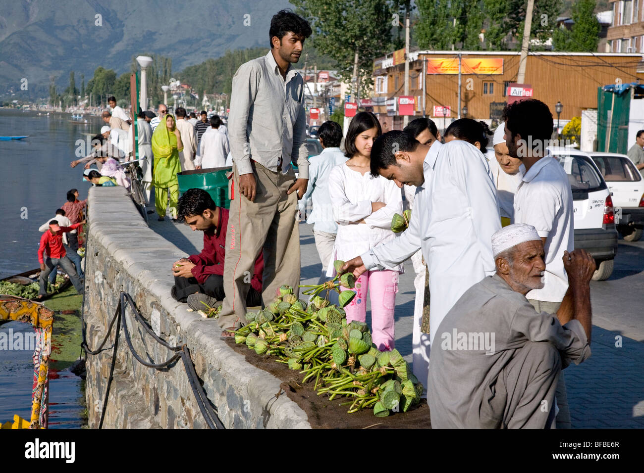 Menschen kaufen Lotossamen (als Snacks gegessen). Srinagar. Kaschmir. Indien Stockfoto