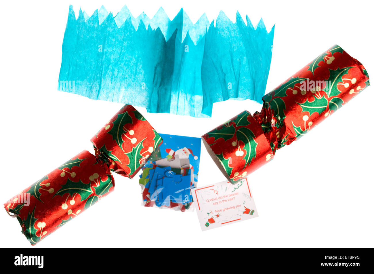 gebrochen offen Christmas Cracker mit Hut Witz und Neuheit Element normalerweise verwendet, zu Weihnachten Stockfoto
