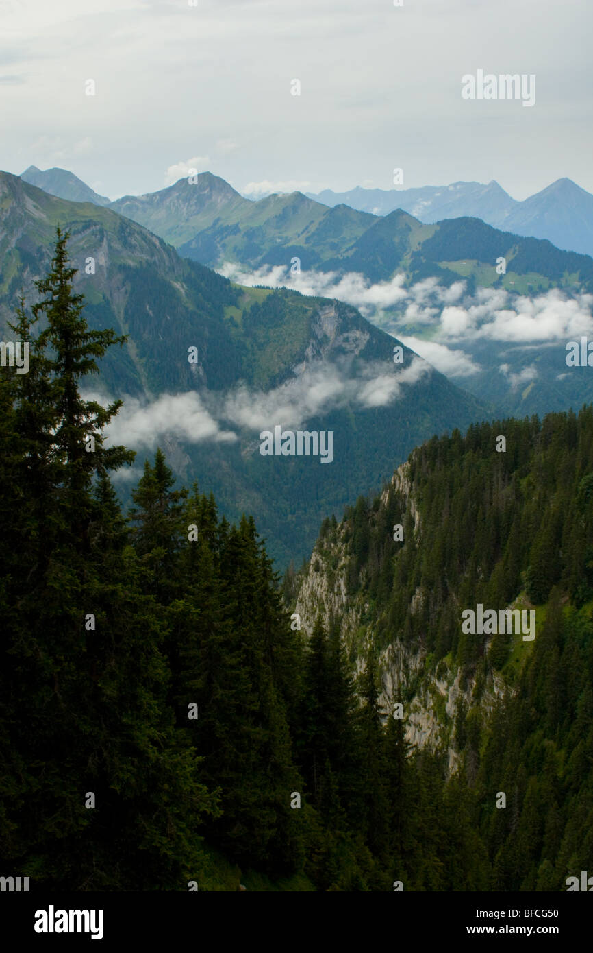 Neblige Wolken hängen über alpine Berge in der Nähe von Interlaken, Schweiz Stockfoto