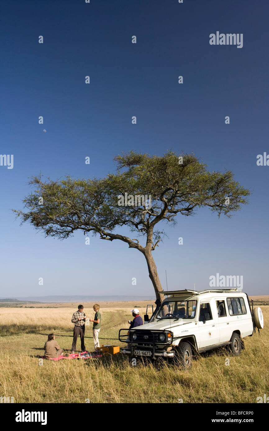 Touristen auf Safari mit Picknick - Masai Mara National Reserve, Kenia Stockfoto