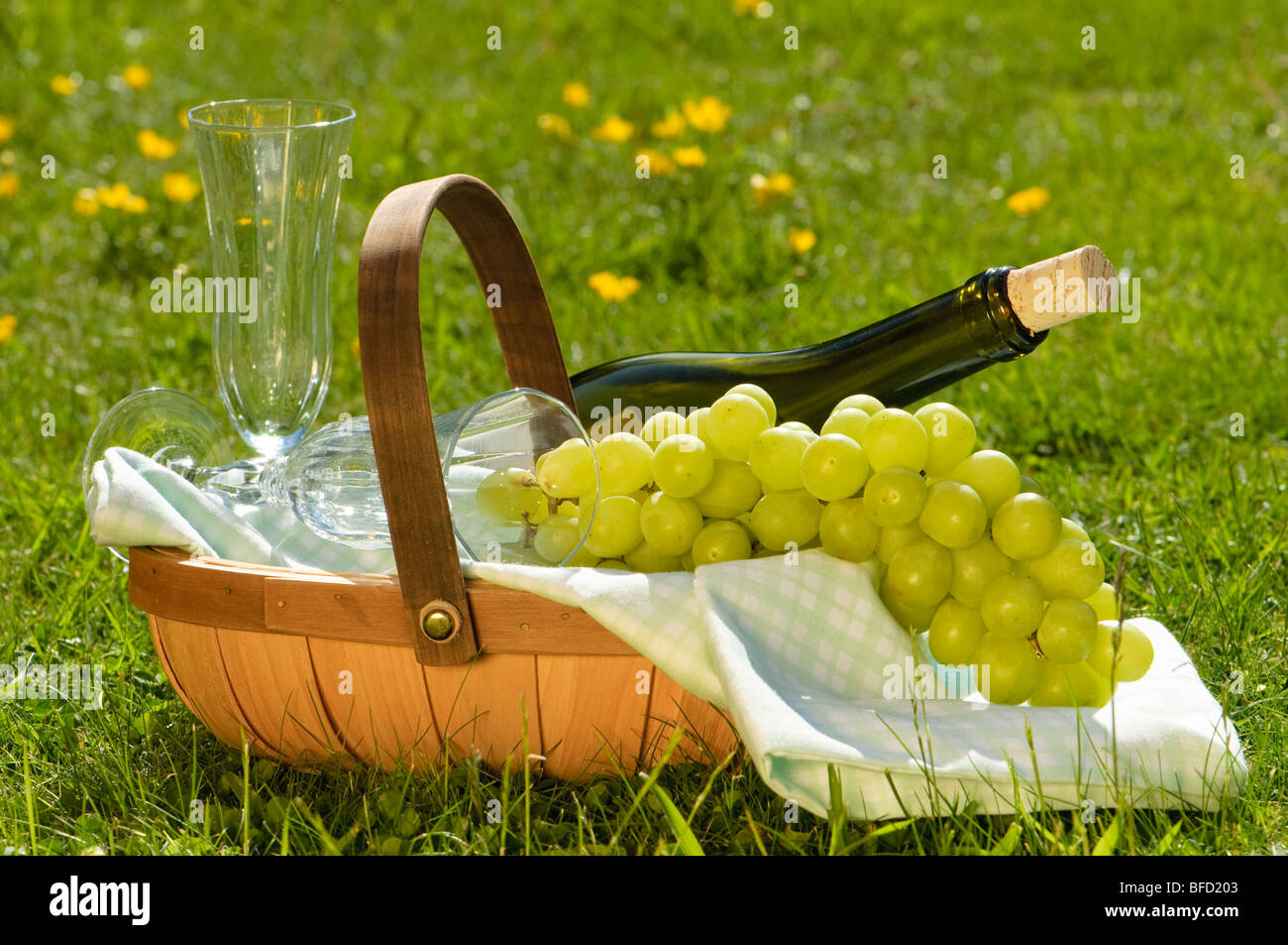 Picknick-Korb mit Wein Stockfoto