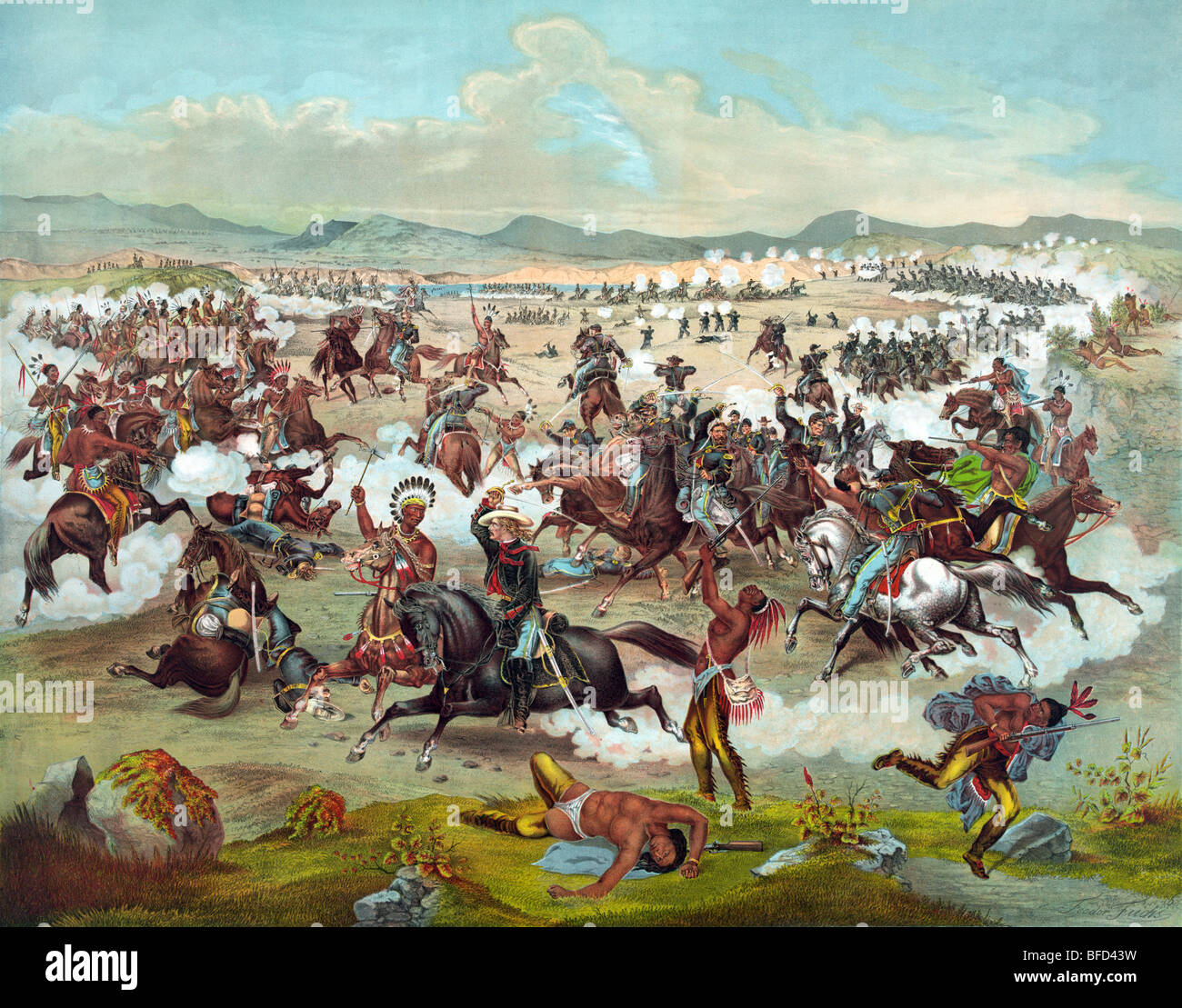 Drucken mit Custer's Last Stand, mit den USA 7. Kavallerie in der Schlacht von Little Bighorn 1876. Stockfoto