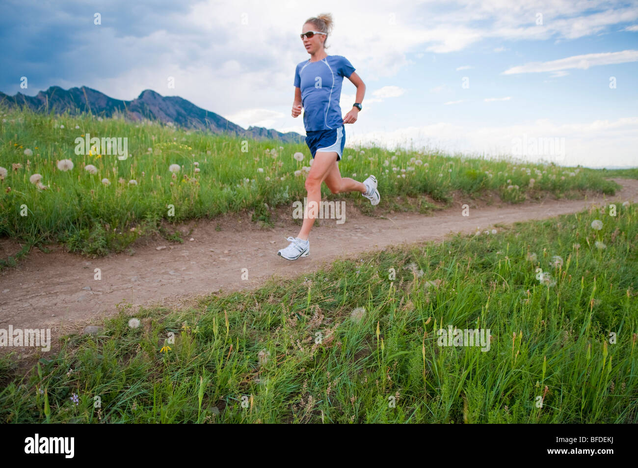 Ein weiblicher Marathonläufer trainiert auf einem Pfad in Boulder, Colorado. Stockfoto Ein weiblicher Marathonläufer trainiert auf einem Pfad in Boulder, Colorado. Stockfoto