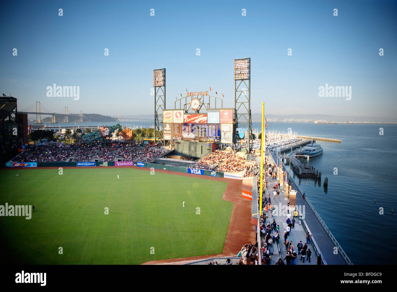 Vogelperspektive auf AT&T Baseball Park und Pech Bucht, San Francisco, Kalifornien. Stockfoto