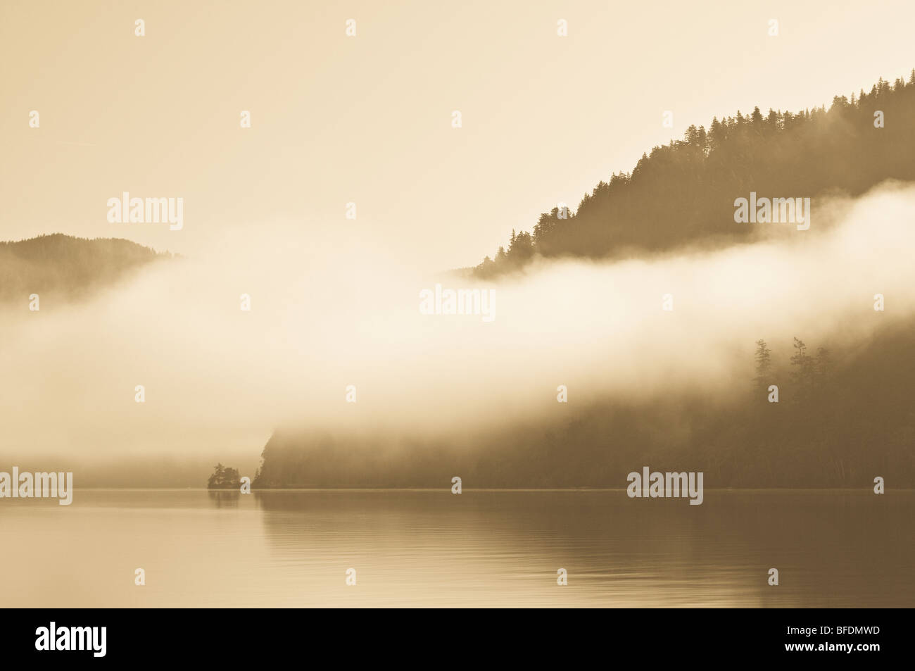 Morgennebel clearing an Crescent Lake, Olympic Nationalpark, Washington. Stockfoto