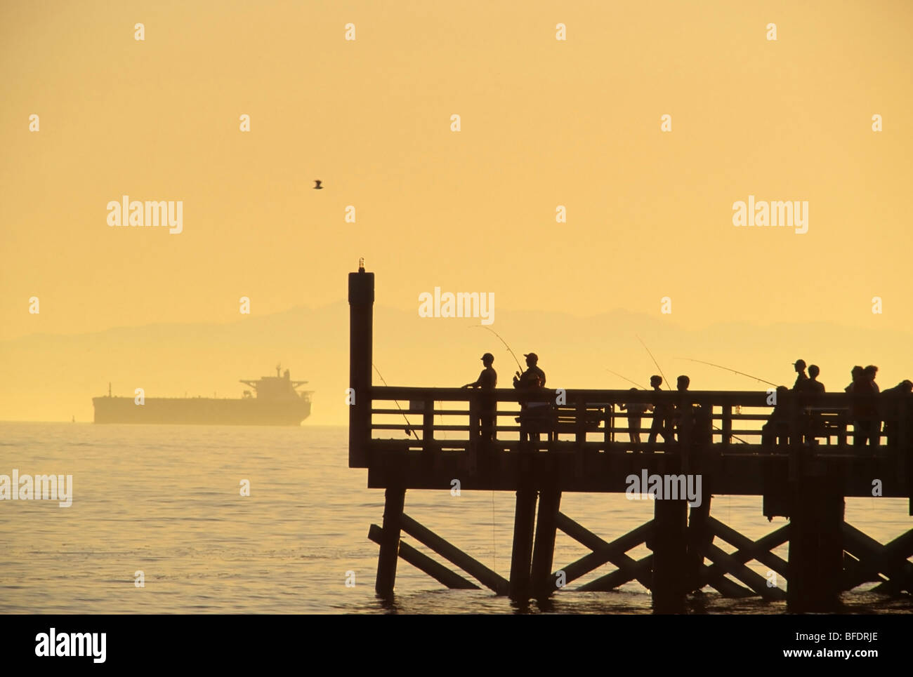 Menschen, die Angeln aus Dock von Burrard Inlet mit Frachter im Hintergrund, West Vancouver, Britisch-Kolumbien, Kanada Stockfoto