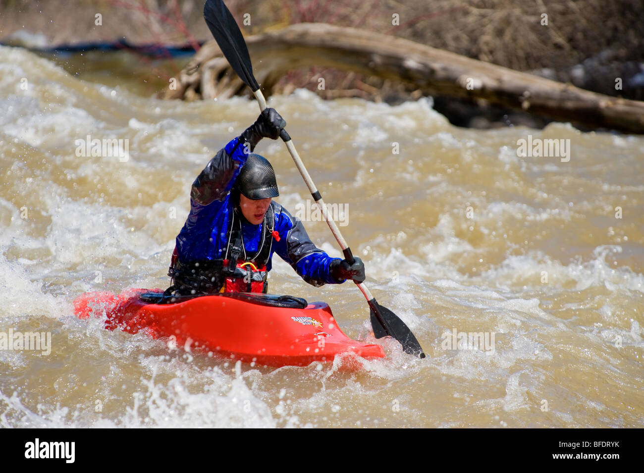 Kajakfahrer im Wildwasser Stromschnellen, Irvine River, Salem, Ontario, Kanada Stockfoto