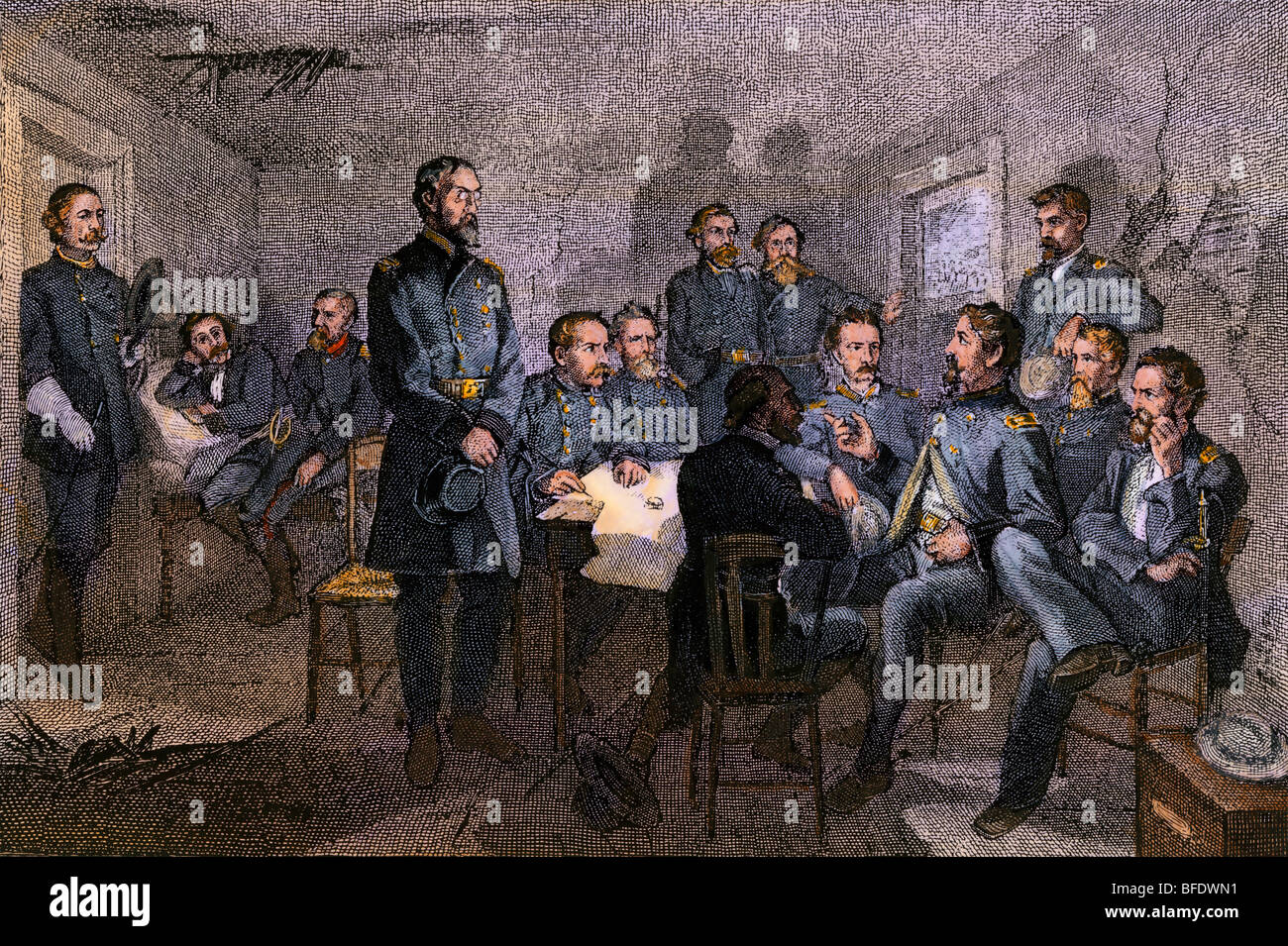 Union Generale Strategie diskutieren vor der Schlacht von Gettysburg, Juli 1863. Hand - farbige Holzschnitt Stockfoto