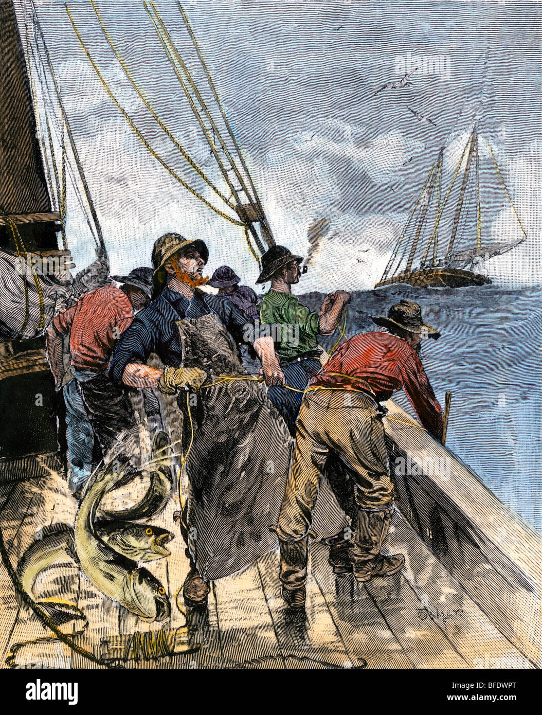 Kabeljau Fischer schleppen in Hand-Leitungen vom Deck eines Schiffes auf dem Nordatlantik, 1800. Hand - farbige Holzschnitt Stockfoto